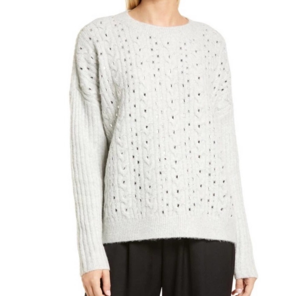 Nordstrom Beaded Sparkly Wool Blend Sweater Light Grey Size Small Oversized Knit